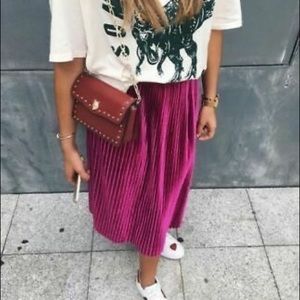 ZARA Dark Fuchsia Pink Pleated Velvet Midi Skirt